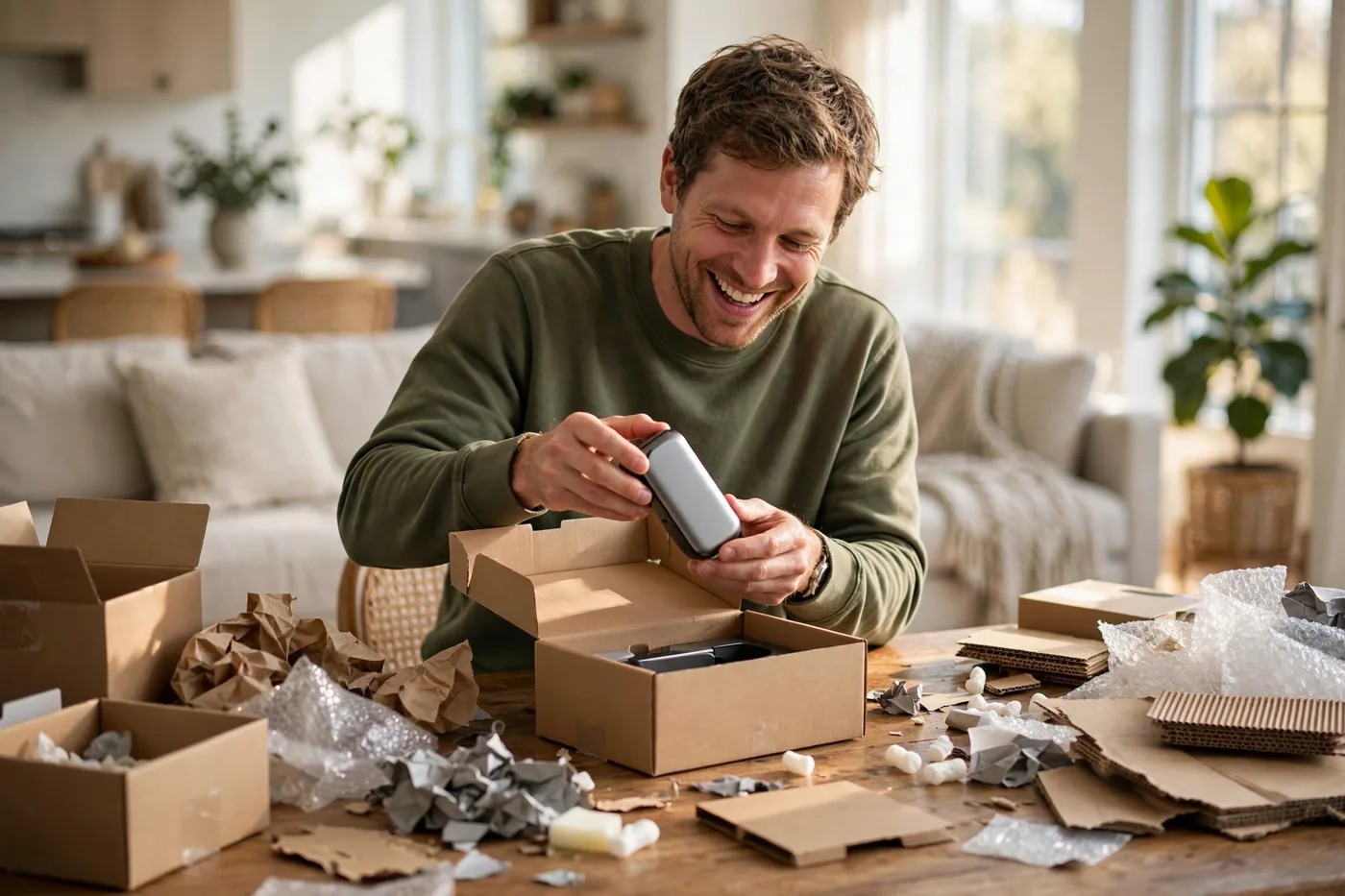 Unboxing a newly delivered product at home
